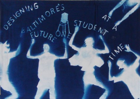 Large cyanotype artwork made by the students for the new building.